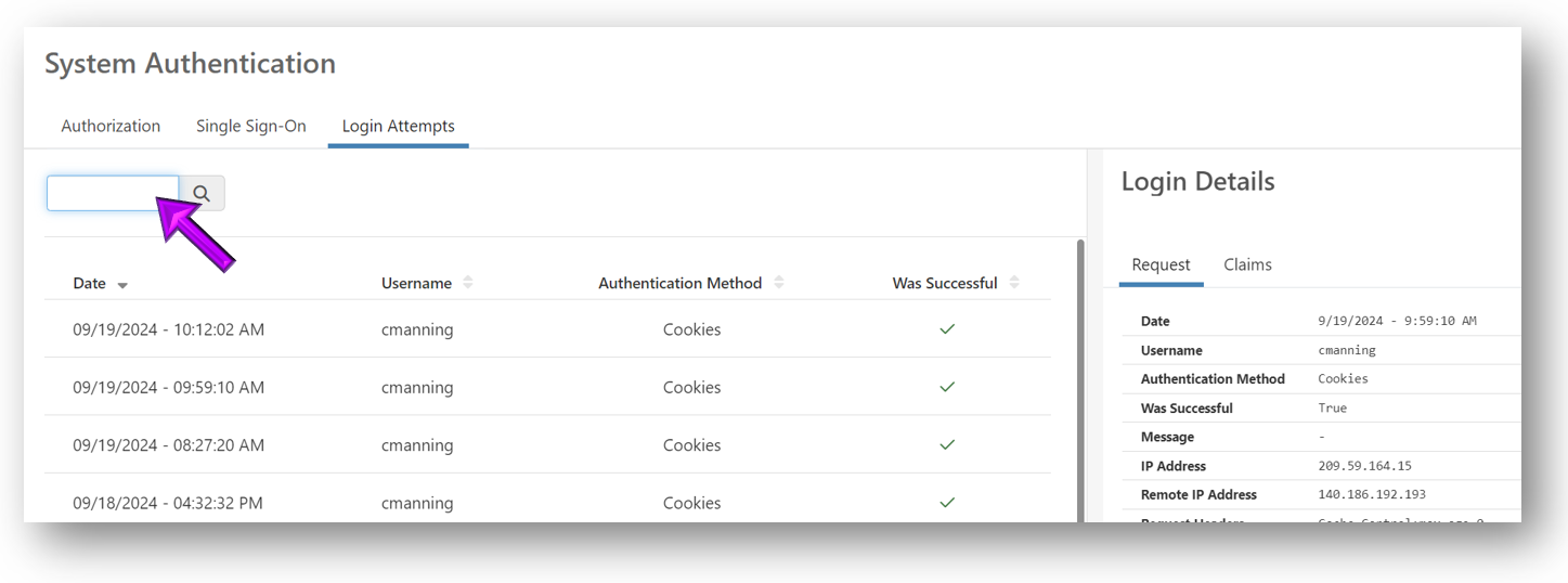 Login Attempts search field